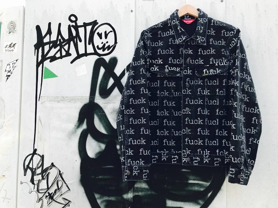 Supreme - XL)Supreme Fuckジャカードダウンジャケット紺の+stbp.com.br