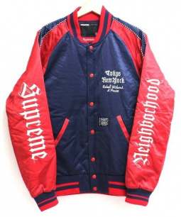 買取・査定情報 NEIGHBORHOOD×Supreme ネイバーフッド×シュプリーム サテンスタジャン 07SS SIZE 3  レッド×ネイビー｜洋服や古着の買取と販売【トレファクスタイル】